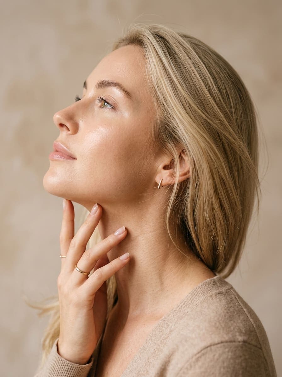 Serene young blonde woman showcasing radiant glowing skin in aesthetic clinic